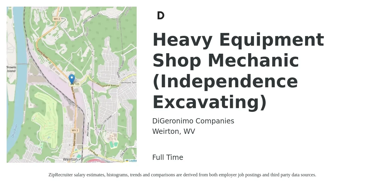 DiGeronimo Companies job posting for a Heavy Equipment Shop Mechanic (Independence Excavating) in Weirton, WV with a salary of $26 to $34 Hourly with a map of Weirton location.