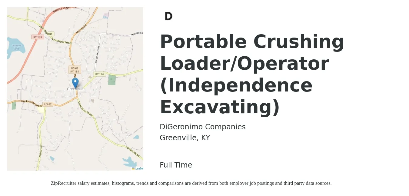 DiGeronimo Companies job posting for a Portable Crushing Loader/Operator (Independence Excavating) in Greenville, KY with a salary of $17 to $24 Hourly with a map of Greenville location.