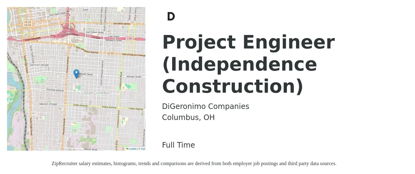 DiGeronimo Companies job posting for a Project Engineer (Independence Construction) in Columbus, OH with a salary of $64,800 to $83,100 Yearly with a map of Columbus location.