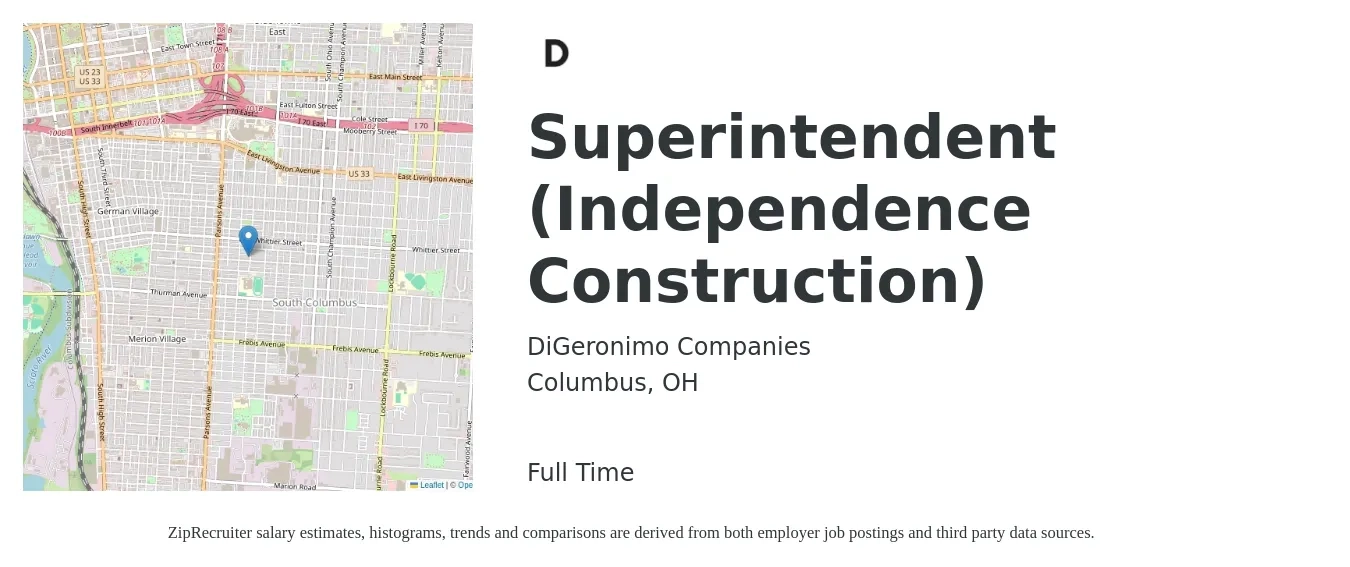 DiGeronimo Companies job posting for a Superintendent (Independence Construction) in Columbus, OH with a salary of $66,700 to $108,500 Yearly with a map of Columbus location.