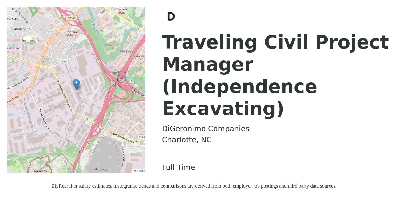 DiGeronimo Companies job posting for a Traveling Civil Project Manager (Independence Excavating) in Charlotte, NC with a salary of $73,300 to $116,200 Yearly with a map of Charlotte location.