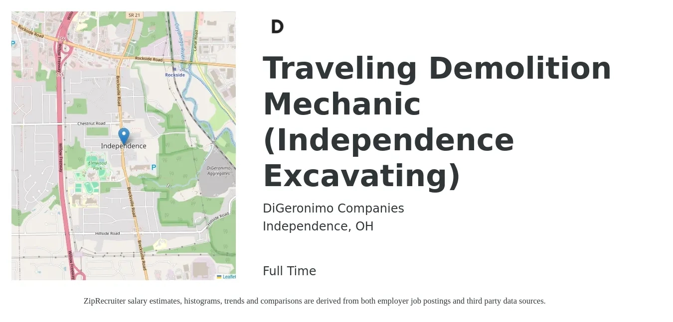 DiGeronimo Companies job posting for a Traveling Demolition Mechanic (Independence Excavating) in Independence, OH with a salary of $26 to $34 Hourly with a map of Independence location.