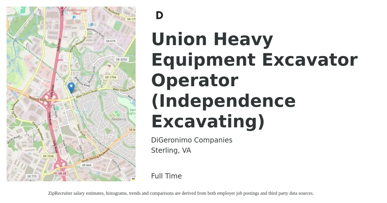 DiGeronimo Companies job posting for a Union Heavy Equipment Excavator Operator (Independence Excavating) in Sterling, VA with a salary of $20 to $28 Hourly with a map of Sterling location.