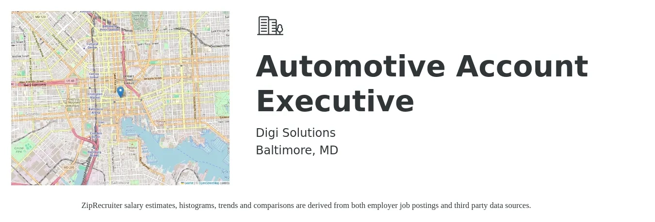 Digi Solutions job posting for a Automotive Account Executive in Baltimore, MD with a salary of $53,700 to $94,400 Yearly with a map of Baltimore location.