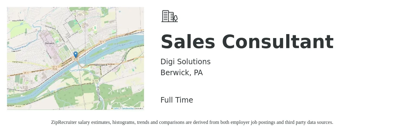 Digi Solutions job posting for a Sales Consultant in Berwick, PA with a salary of $38,900 to $76,400 Yearly with a map of Berwick location.