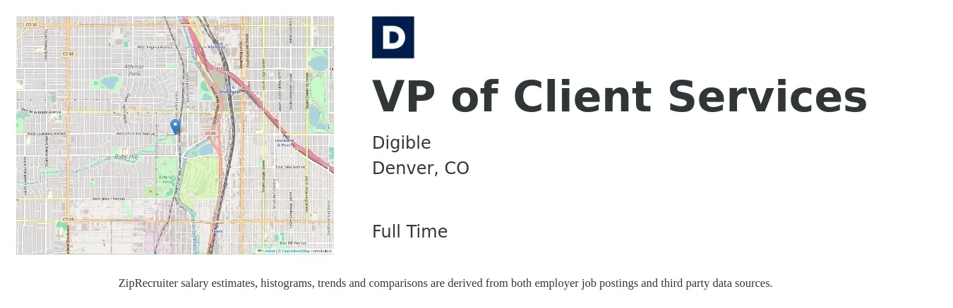 Digible job posting for a VP of Client Services in Denver, CO with a salary of $142,600 to $182,700 Yearly with a map of Denver location.