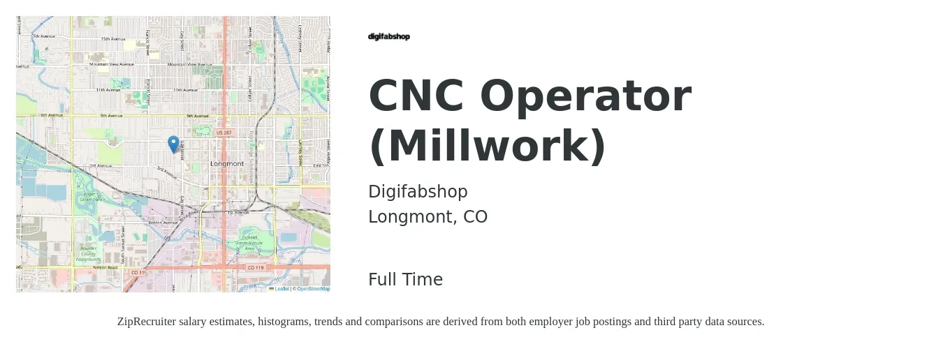 Digifabshop job posting for a CNC Operator (Millwork) in Longmont, CO with a salary of $20 to $28 Hourly with a map of Longmont location.