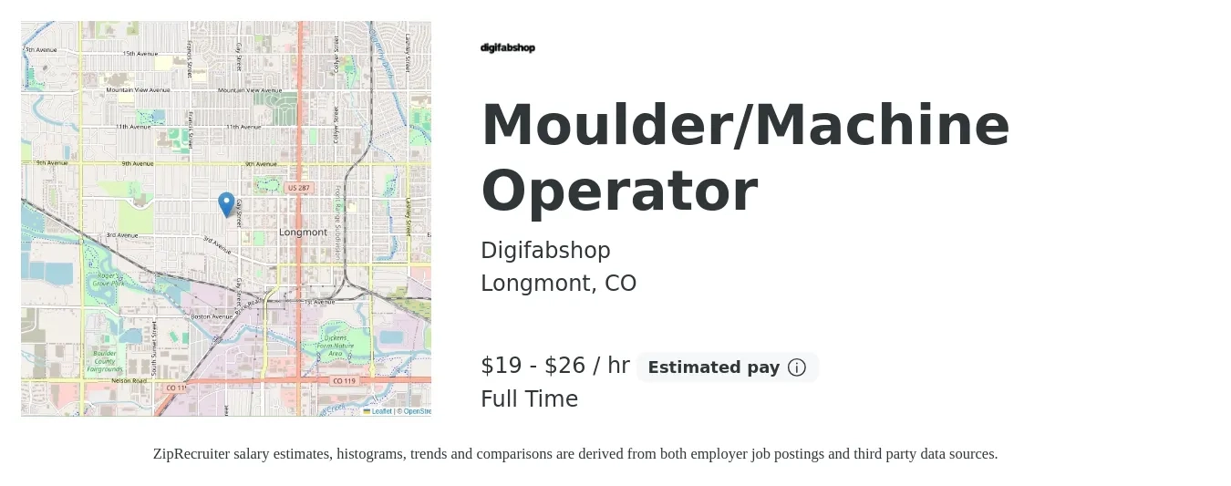 Digifabshop job posting for a Moulder/Machine Operator in Longmont, CO with a salary of $20 to $28 Hourly with a map of Longmont location.