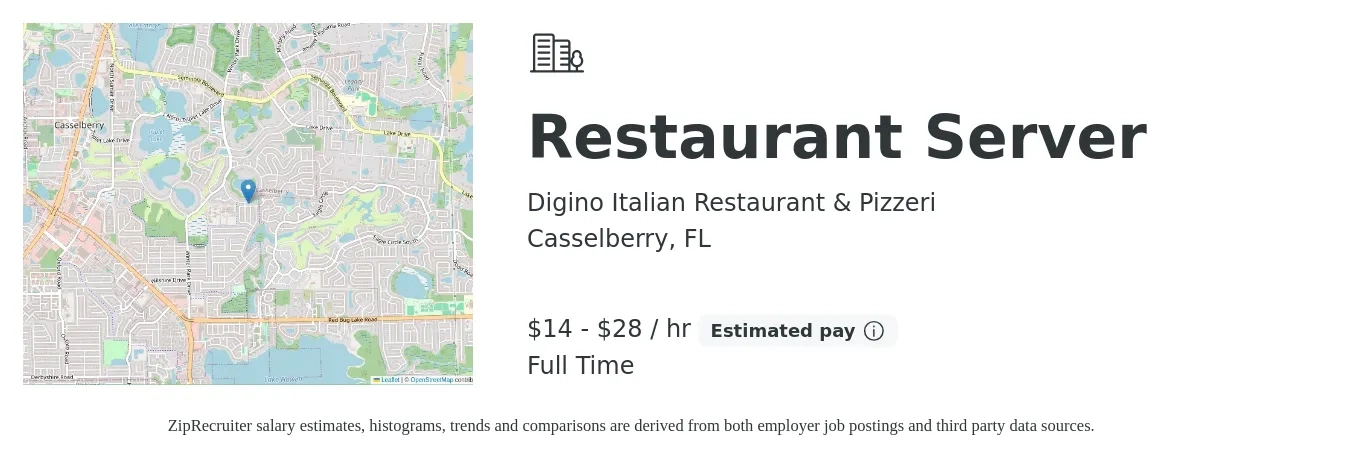 Digino Italian Restaurant & Pizzeri job posting for a Restaurant Server in Casselberry, FL with a salary of $15 to $30 Hourly with a map of Casselberry location.