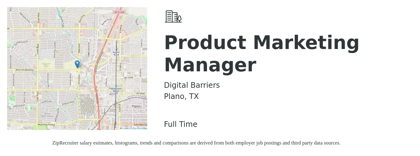 Digital Barriers job posting for a Product Marketing Manager in Plano, TX with a salary of $144,000 Yearly with a map of Plano location.