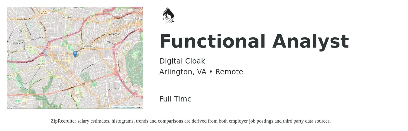 Digital Cloak job posting for a Functional Analyst in Arlington, VA with a salary of $38 to $76 Hourly with a map of Arlington location.