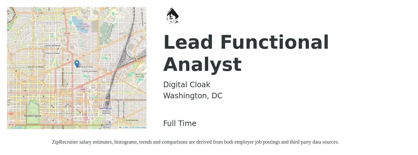 Digital Cloak job posting for a Lead Functional Analyst in Washington, DC with a salary of $101,900 to $147,800 Yearly with a map of Washington location.