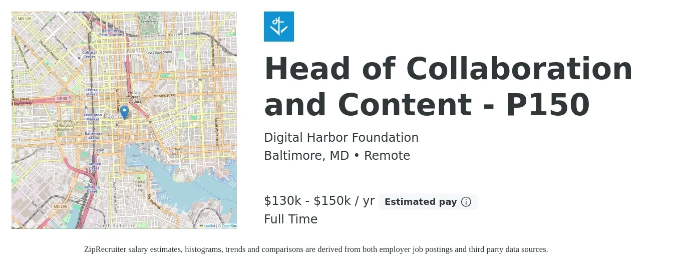 Digital Harbor Foundation job posting for a Head of Collaboration and Content - P150 in Baltimore, MD with a salary of $130,000 to $150,000 Yearly with a map of Baltimore location.
