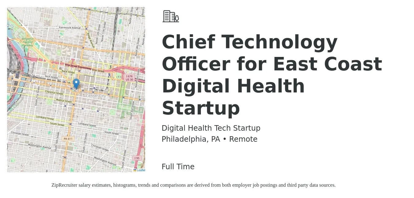 Digital Health Tech Startup job posting for a Chief Technology Officer for East Coast Digital Health Startup in Philadelphia, PA with a salary of $133,200 to $196,800 Yearly with a map of Philadelphia location.