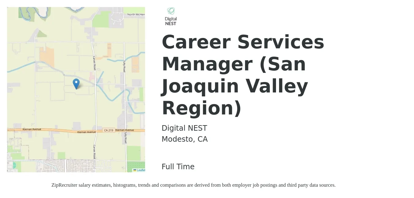 Digital NEST job posting for a Career Services Manager (San Joaquin Valley Region) in Modesto, CA with a salary of $27 to $30 Hourly with a map of Modesto location.