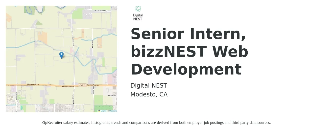 Digital NEST job posting for a Senior Intern, bizzNEST Web Development in Modesto, CA with a salary of $20 Hourly with a map of Modesto location.