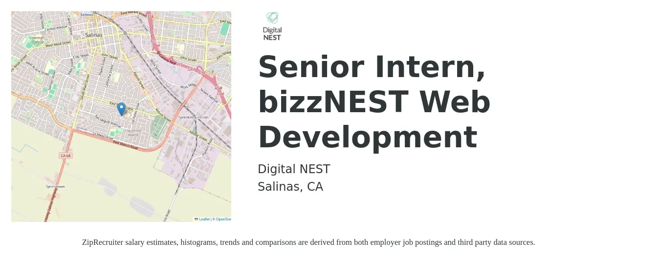 Digital NEST job posting for a Senior Intern, bizzNEST Web Development in Salinas, CA with a salary of $20 Hourly with a map of Salinas location.