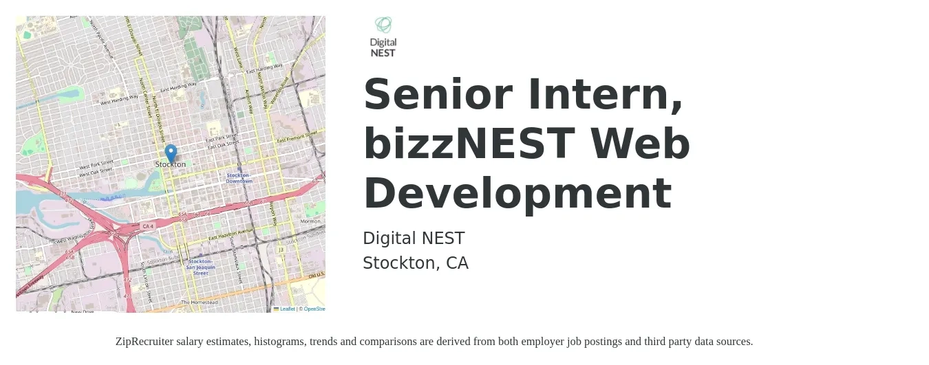 Digital NEST job posting for a Senior Intern, bizzNEST Web Development in Stockton, CA with a salary of $20 Hourly with a map of Stockton location.