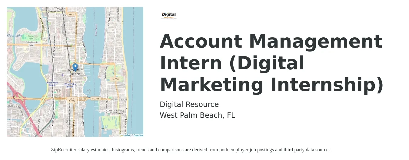 Digital Resource job posting for a Account Management Intern (Digital Marketing Internship) in West Palm Beach, FL with a salary of $13 to $18 Hourly with a map of West Palm Beach location.