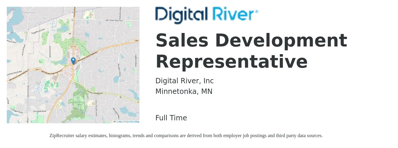 Digital River, Inc job posting for a Sales Development Representative in Minnetonka, MN with a salary of $42,800 to $62,200 Yearly with a map of Minnetonka location.