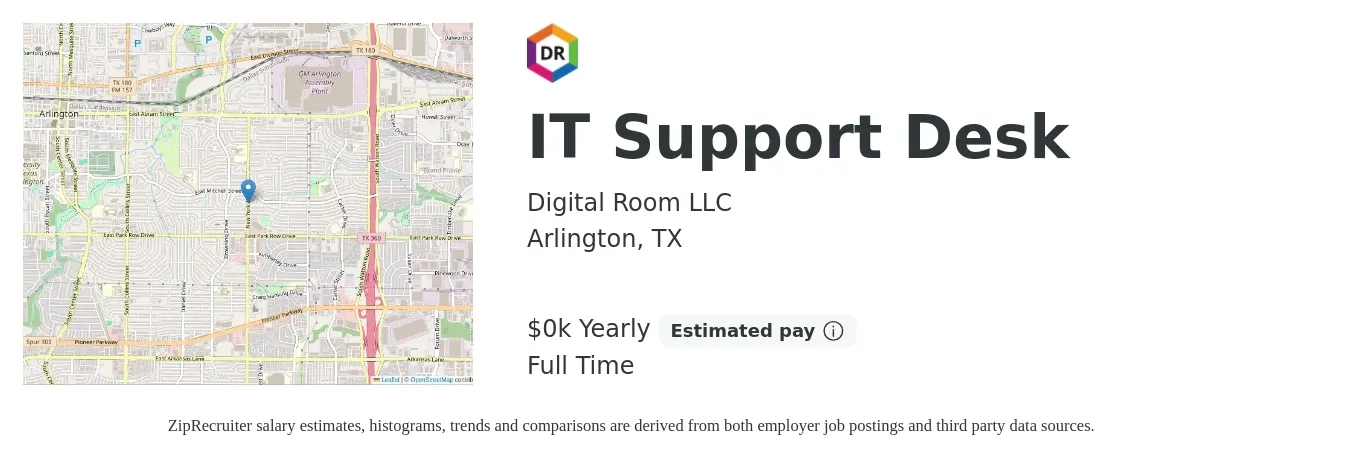 Digital Room LLC job posting for a IT Support Desk in Arlington, TX with a salary of $24 to $29 Yearly with a map of Arlington location.