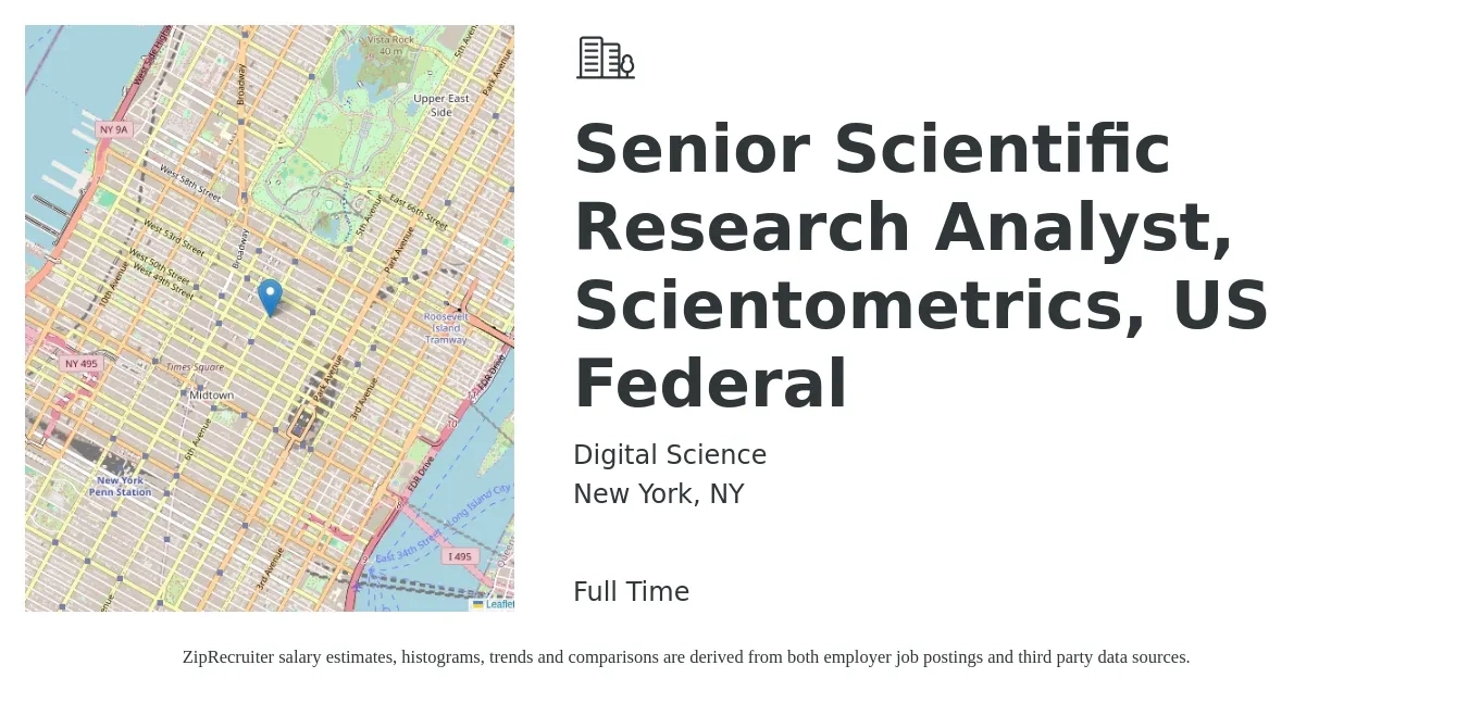 Digital Science job posting for a Senior Scientific Research Analyst, Scientometrics, US Federal in New York, NY with a salary of $126,900 to $127,500 Yearly with a map of New York location.