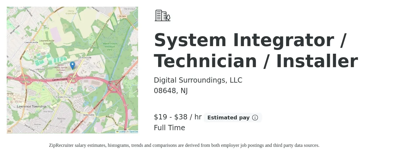 Digital Surroundings, LLC job posting for a System Integrator / Technician / Installer in 08648, NJ with a salary of $20 to $35 Hourly with a map of 08648 location.