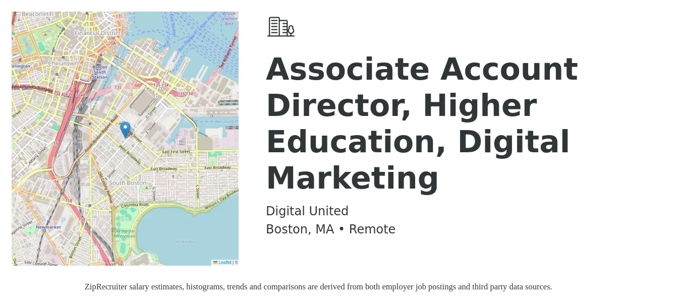 Digital United job posting for a Associate Account Director, Higher Education, Digital Marketing in Boston, MA with a salary of $85,300 to $140,700 Yearly with a map of Boston location.
