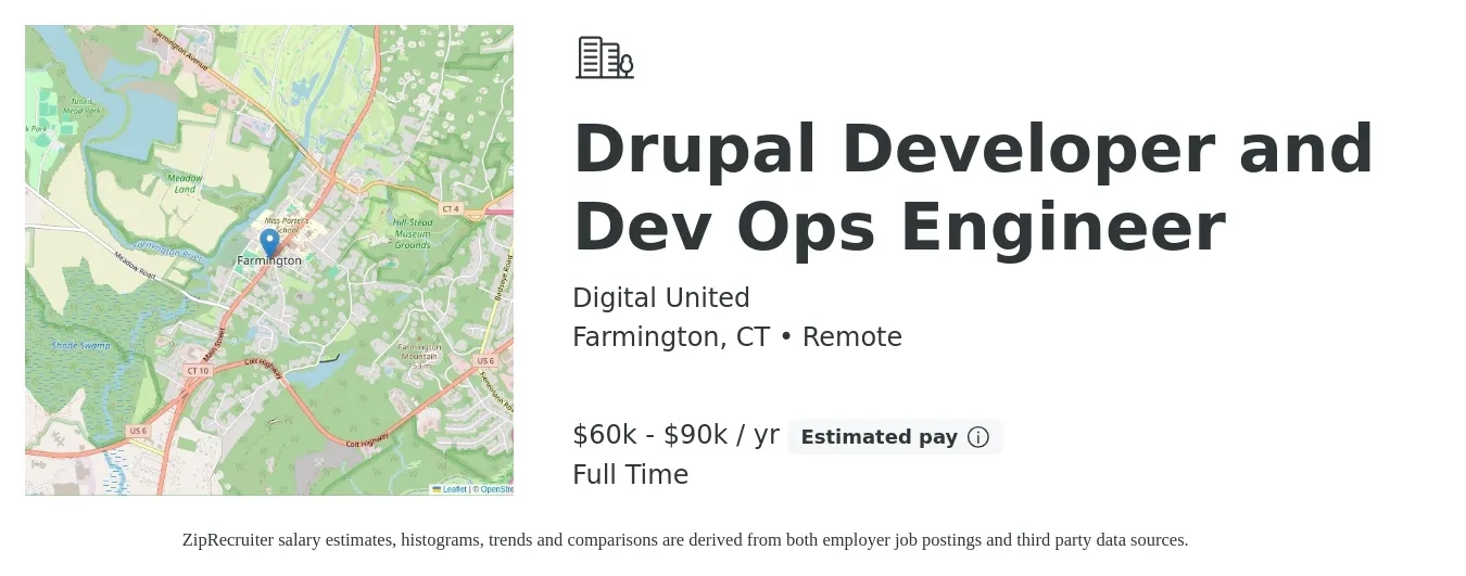 Digital United job posting for a Drupal Developer and Dev Ops Engineer in Farmington, CT with a salary of $60,000 to $90,000 Yearly with a map of Farmington location.