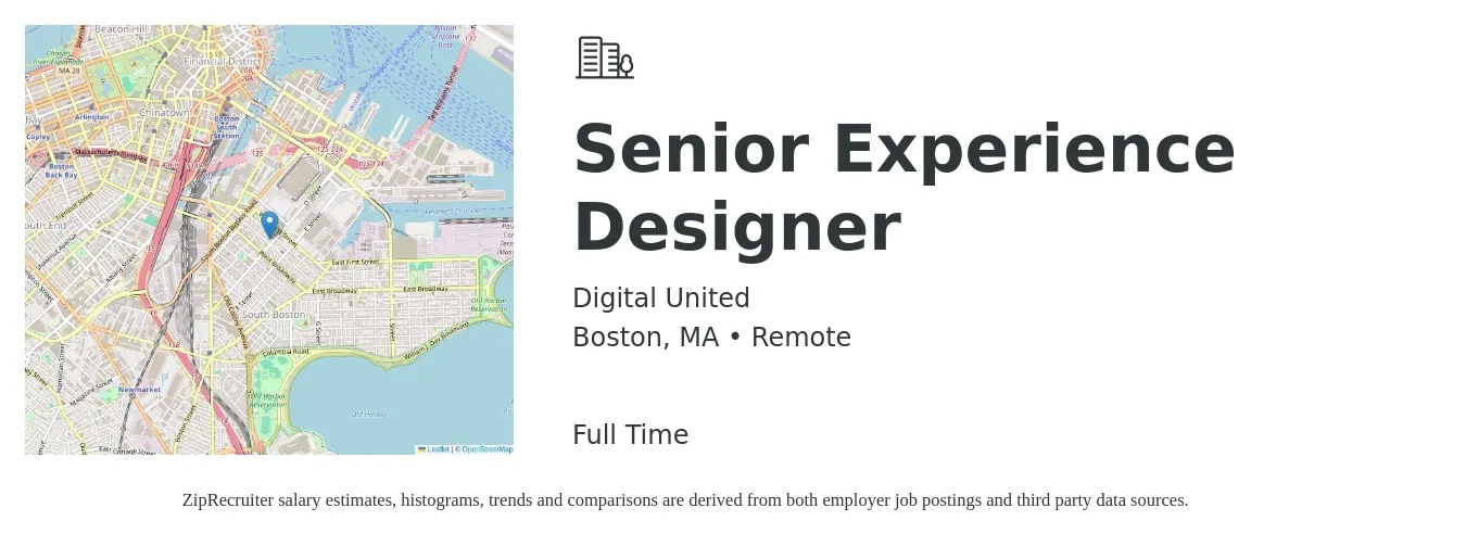 Digital United job posting for a Senior Experience Designer in Boston, MA with a salary of $107,500 to $114,900 Yearly with a map of Boston location.