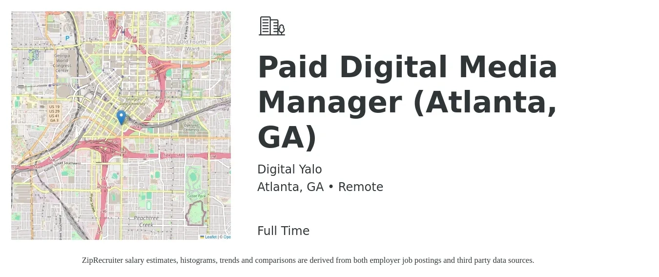Digital Yalo job posting for a Paid Digital Media Manager (Atlanta, GA) in Atlanta, GA with a salary of $86,100 to $111,600 Yearly with a map of Atlanta location.