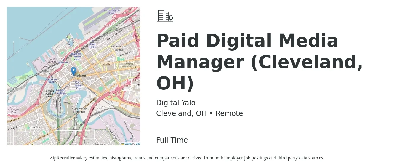 Digital Yalo job posting for a Paid Digital Media Manager (Cleveland, OH) in Cleveland, OH with a salary of $86,800 to $112,500 Yearly with a map of Cleveland location.