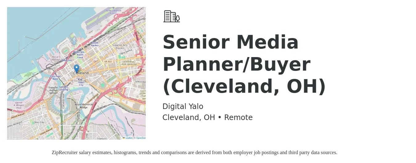 Digital Yalo job posting for a Senior Media Planner/Buyer (Cleveland, OH) in Cleveland, OH with a salary of $66,300 to $80,400 Yearly with a map of Cleveland location.