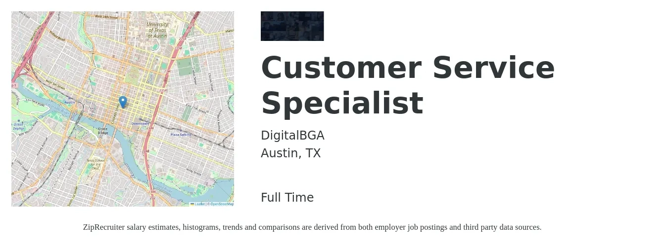 DigitalBGA job posting for a Customer Service Specialist in Austin, TX with a salary of $20 Hourly with a map of Austin location.