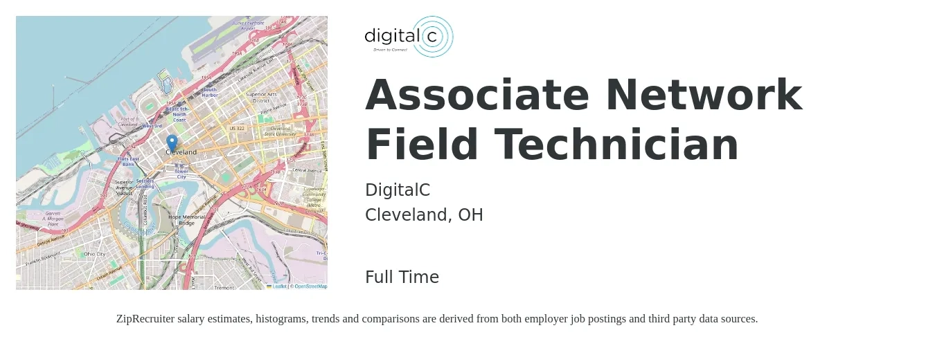 DigitalC job posting for a Associate Network Field Technician in Cleveland, OH with a salary of $18 to $24 Hourly with a map of Cleveland location.