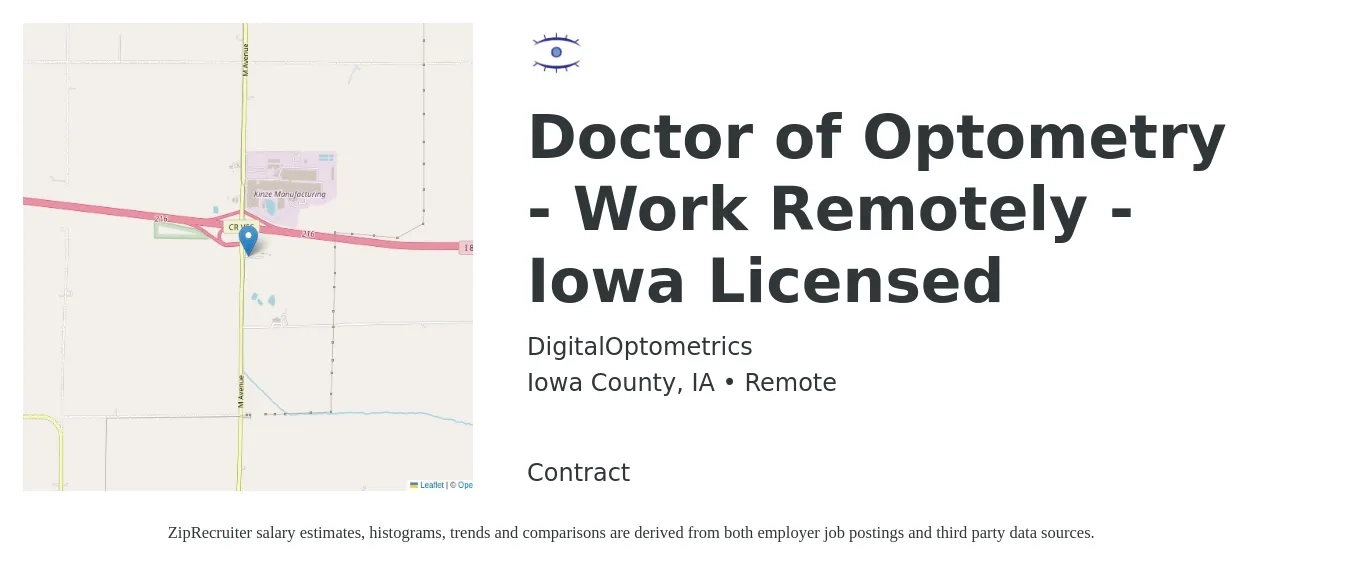DigitalOptometrics job posting for a Doctor of Optometry - Work Remotely - Iowa Licensed in Iowa County, IA with a salary of $500 Daily with a map of Iowa County location.