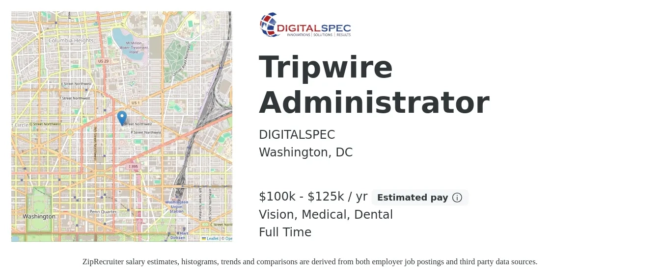 DIGITALSPEC job posting for a Tripwire Administrator in Washington, DC with a salary of $100,000 to $125,000 Yearly and benefits including retirement, vision, dental, life_insurance, and medical with a map of Washington location.