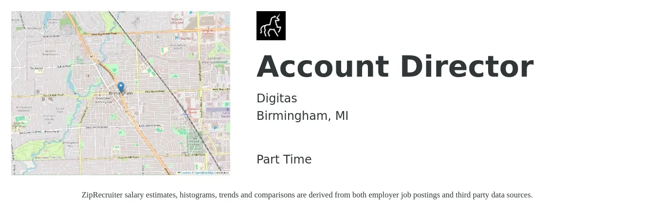 Digitas job posting for a Account Director in Birmingham, MI with a salary of $90,500 to $116,700 Yearly with a map of Birmingham location.