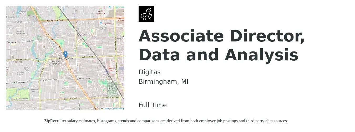 Digitas job posting for a Associate Director, Data and Analysis in Birmingham, MI with a salary of $89,600 to $155,800 Yearly with a map of Birmingham location.