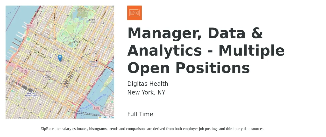 Digitas Health job posting for a Manager, Data & Analytics - Multiple Open Positions in New York, NY with a salary of $81,500 to $137,500 Yearly with a map of New York location.