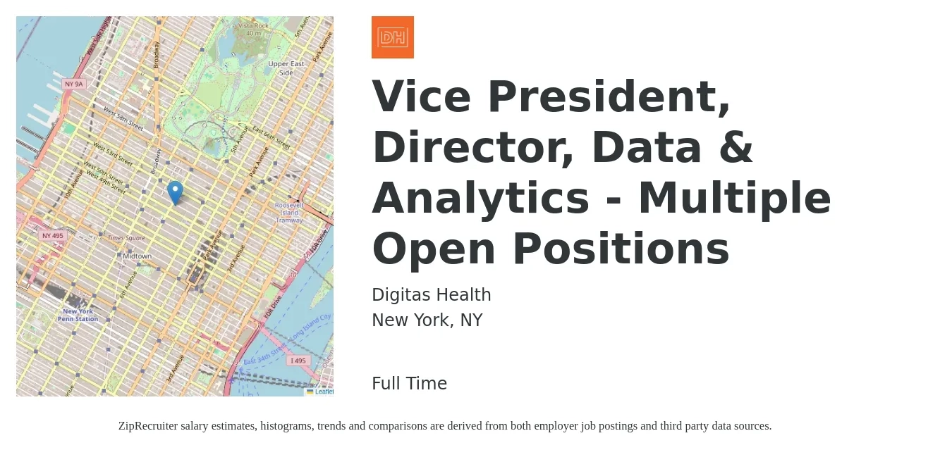 Digitas Health job posting for a Vice President, Director, Data & Analytics - Multiple Open Positions in New York, NY with a salary of $130,000 Yearly with a map of New York location.