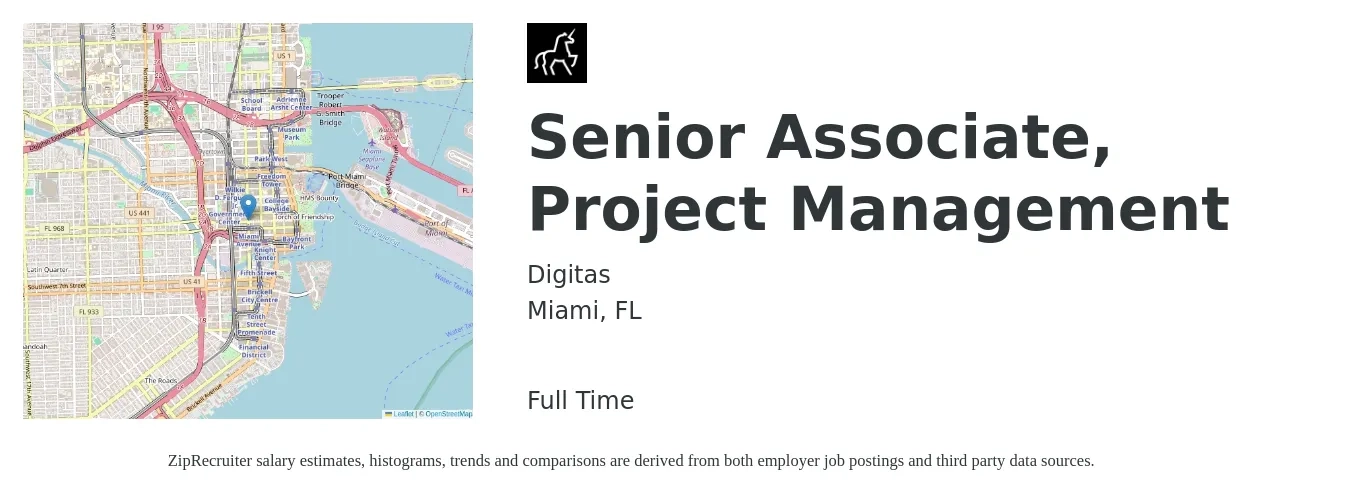 Digitas job posting for a Senior Associate, Project Management in Miami, FL with a salary of $99,000 to $139,600 Yearly with a map of Miami location.