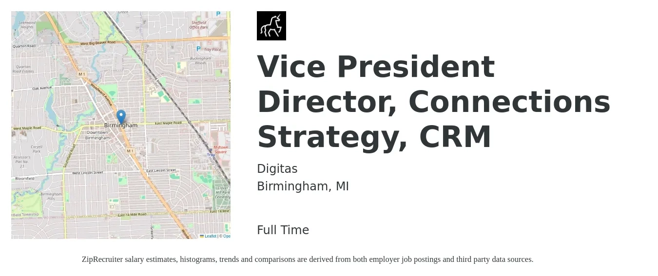 Digitas job posting for a Vice President Director, Connections Strategy, CRM in Birmingham, MI with a map of Birmingham location.