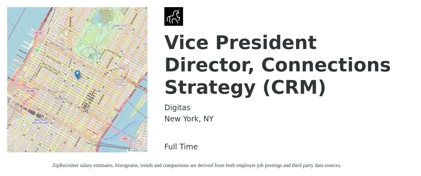 Digitas job posting for a Vice President Director, Connections Strategy (CRM) in New York, NY with a salary of $119,800 to $175,000 Yearly with a map of New York location.
