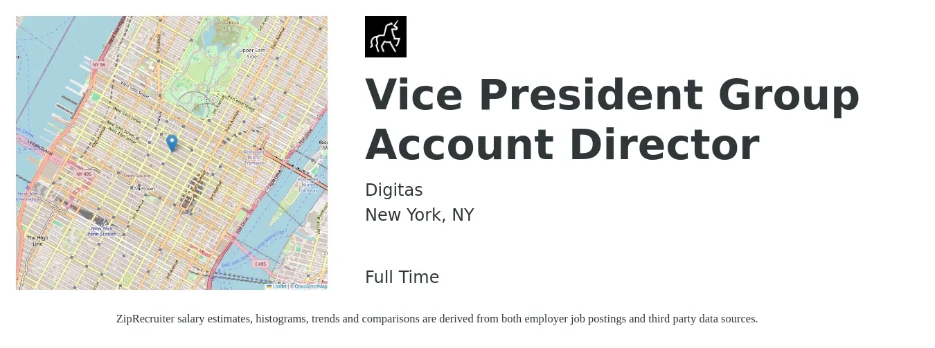 Digitas job posting for a Vice President Group Account Director in New York, NY with a salary of $143,000 to $225,000 Yearly with a map of New York location.