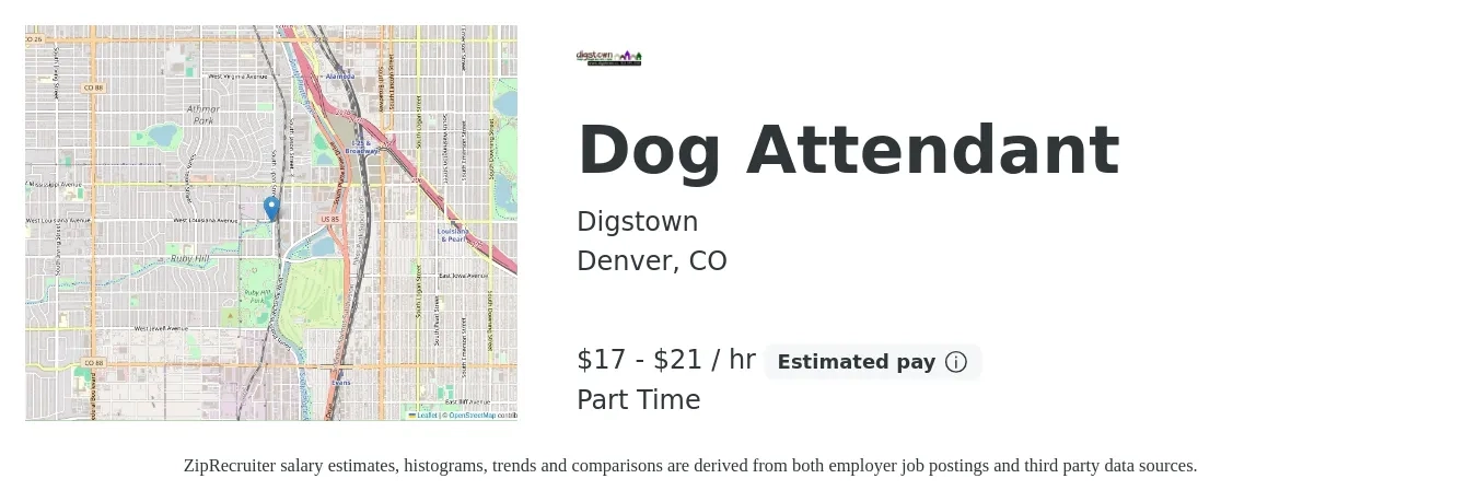 Digstown job posting for a Dog Attendant in Denver, CO with a salary of $18 to $22 Hourly with a map of Denver location.