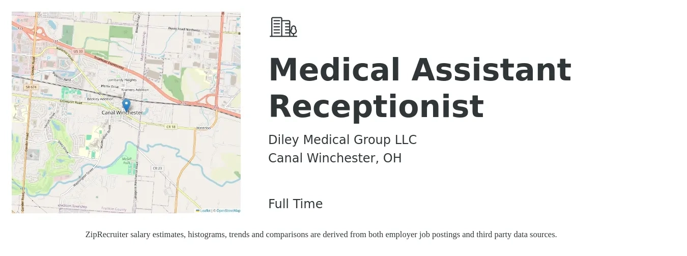 Diley Medical Group LLC job posting for a Medical Assistant Receptionist in Canal Winchester, OH with a salary of $16 to $19 Hourly with a map of Canal Winchester location.