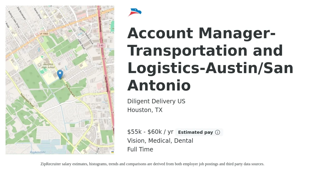 Diligent Delivery US job posting for a Account Manager-Transportation and Logistics-Austin/San Antonio in Houston, TX with a salary of $55,000 to $60,000 Yearly (plus commission) and benefits including medical, retirement, vision, dental, and life_insurance with a map of Houston location.