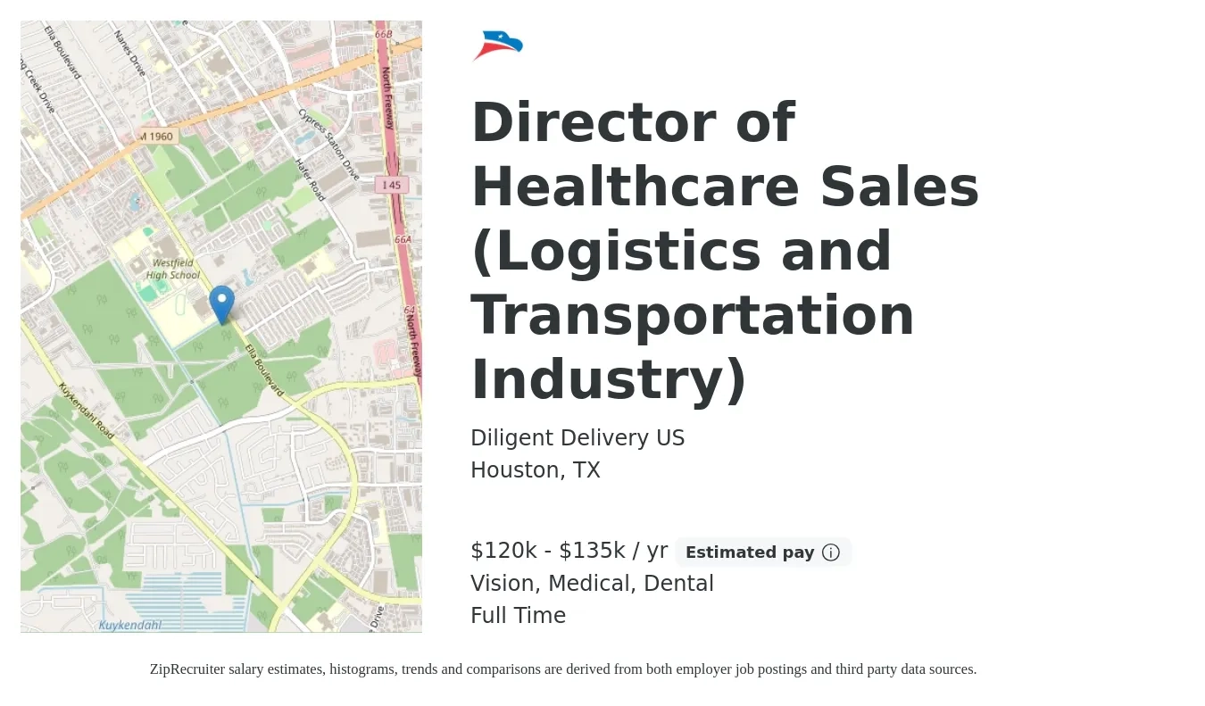 Diligent Delivery US job posting for a Director of Healthcare Sales (Logistics and Transportation Industry) in Houston, TX with a salary of $120,000 to $135,000 Yearly (plus commission) and benefits including pto, retirement, vision, dental, life_insurance, and medical with a map of Houston location.