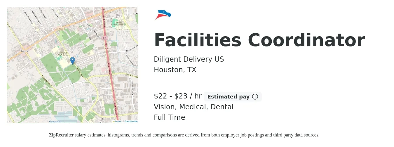 Diligent Delivery US job posting for a Facilities Coordinator in Houston, TX with a salary of $23 to $24 Hourly and benefits including life_insurance, medical, pto, retirement, vision, and dental with a map of Houston location.